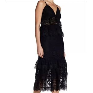 Kendall + Kylie Black Lace Tiered Midi Dress Size Medium Lined Spaghetti Straps